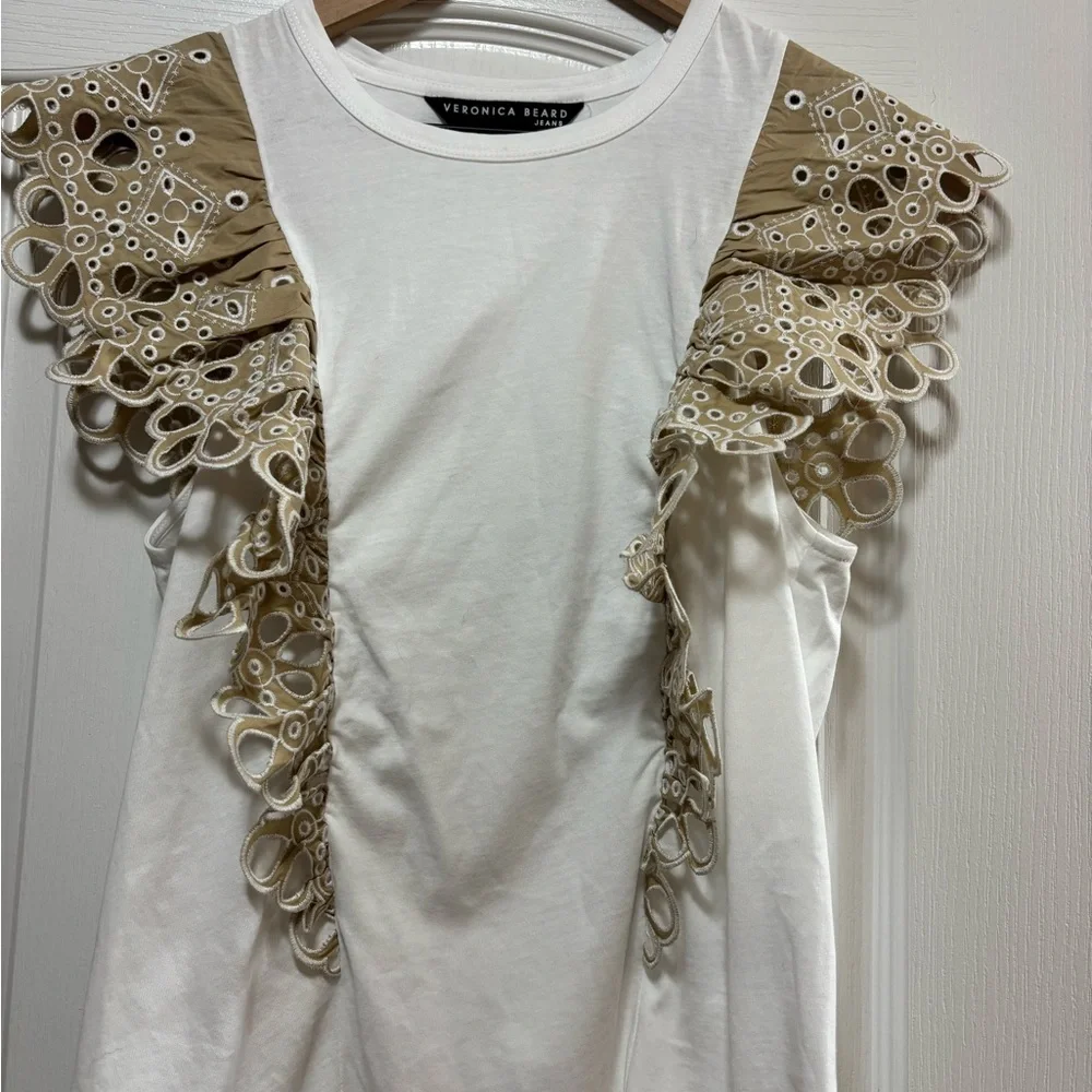 Veronica Beard White and Tan Lace Ruffle Blouse - Picture 6 of 10